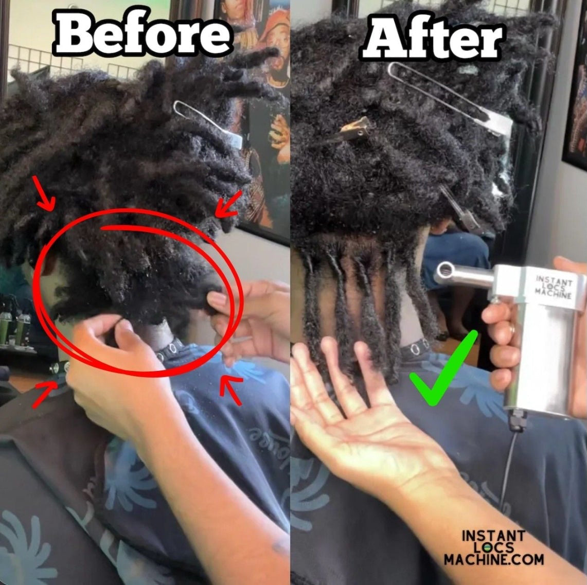 Before and after comparison of hair treatment using an Instant Loc Machine with text and branding.